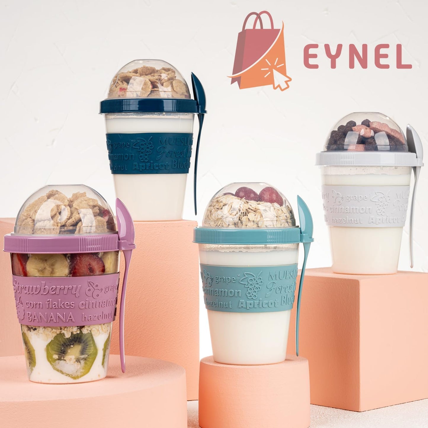 On the Go Cereal Yogurt Cups with Lids and Spoon, Overnight Oats Container, Reusable Parfait Plastic Milk Jar Breakfast Crunch Granola Oatmeal Smoothie Snack Prep Bowl to Take Along
