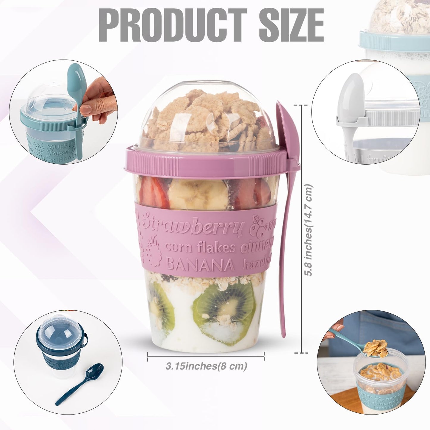 On the Go Cereal Yogurt Cups with Lids and Spoon, Overnight Oats Container, Reusable Parfait Plastic Milk Jar Breakfast Crunch Granola Oatmeal Smoothie Snack Prep Bowl to Take Along