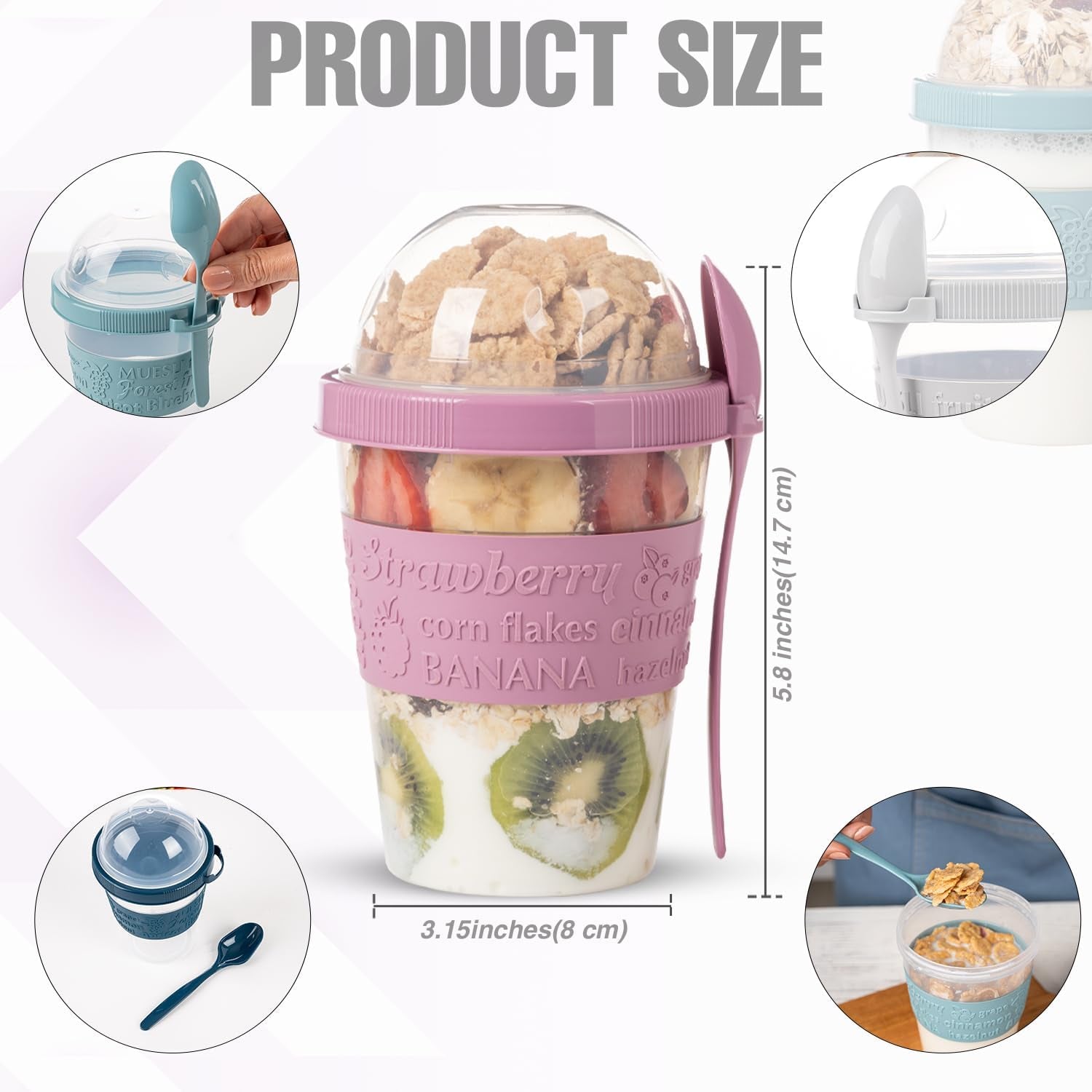 On the Go Cereal Yogurt Cups with Lids and Spoon, Overnight Oats Container, Reusable Parfait Plastic Milk Jar Breakfast Crunch Granola Oatmeal Smoothie Snack Prep Bowl to Take Along
