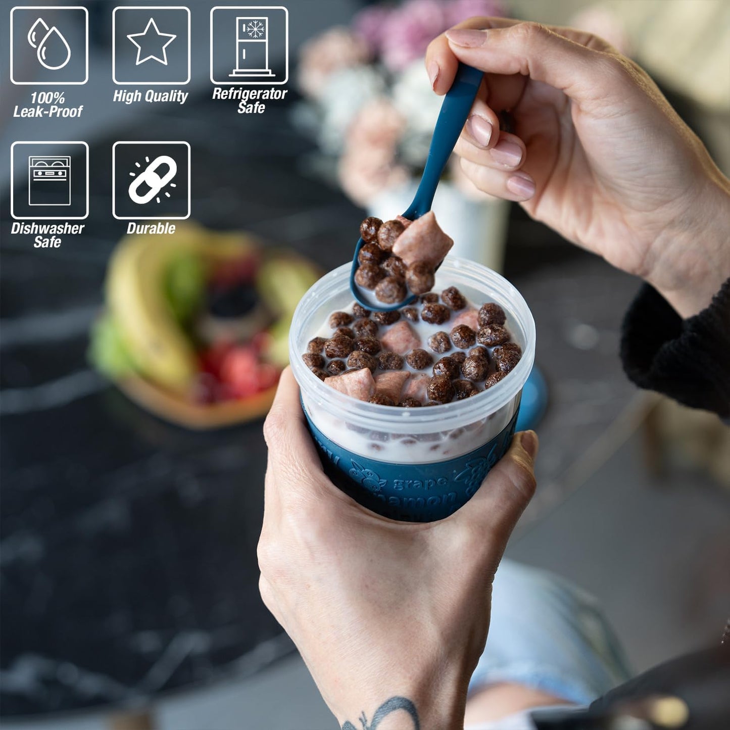 On the Go Cereal Yogurt Cups with Lids and Spoon, Overnight Oats Container, Reusable Parfait Plastic Milk Jar Breakfast Crunch Granola Oatmeal Smoothie Snack Prep Bowl to Take Along