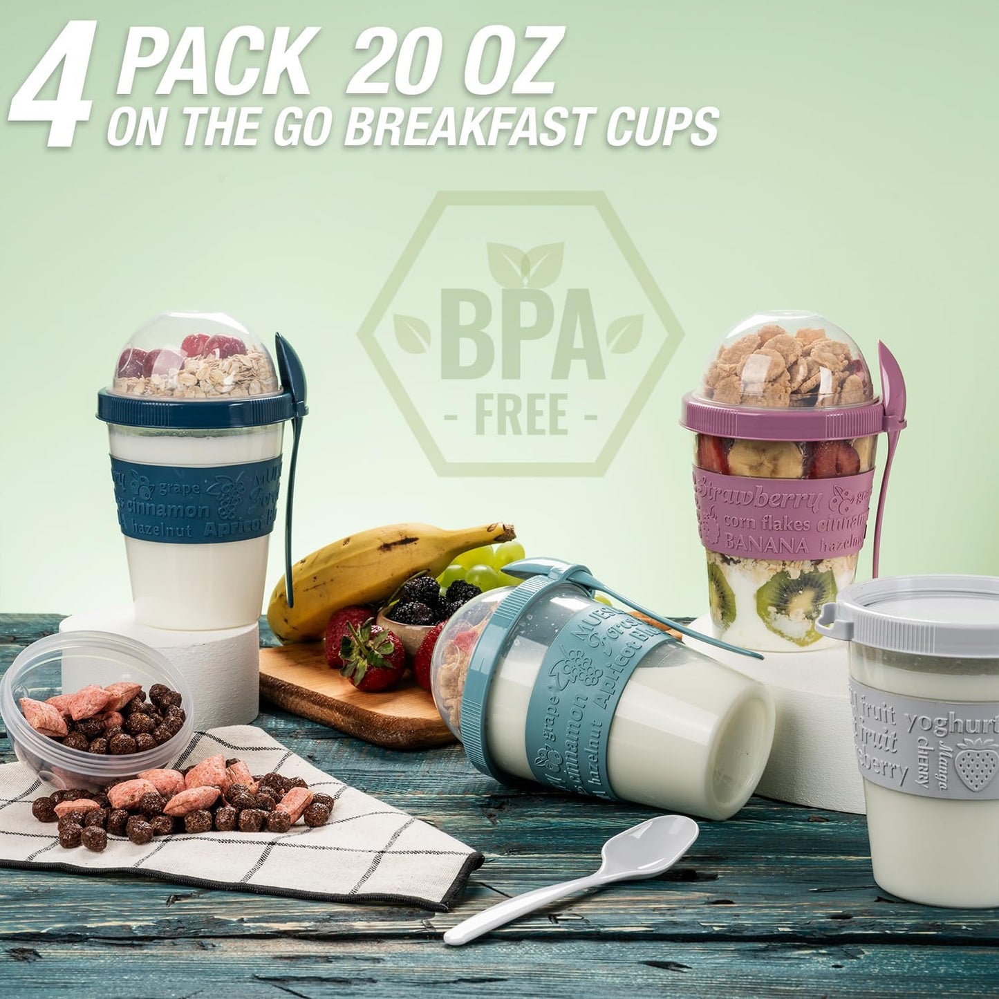 On the Go Cereal Yogurt Cups with Lids and Spoon, Overnight Oats Container, Reusable Parfait Plastic Milk Jar Breakfast Crunch Granola Oatmeal Smoothie Snack Prep Bowl to Take Along