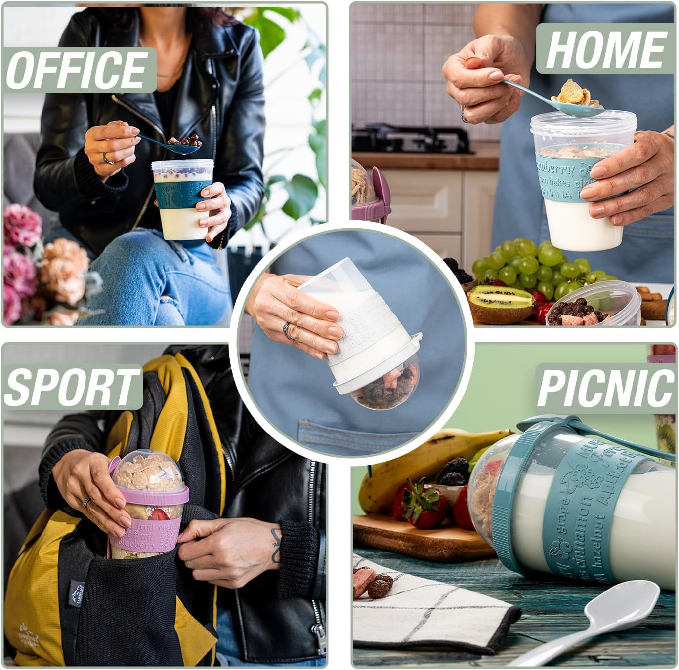On the Go Cereal Yogurt Cups with Lids and Spoon, Overnight Oats Container, Reusable Parfait Plastic Milk Jar Breakfast Crunch Granola Oatmeal Smoothie Snack Prep Bowl to Take Along