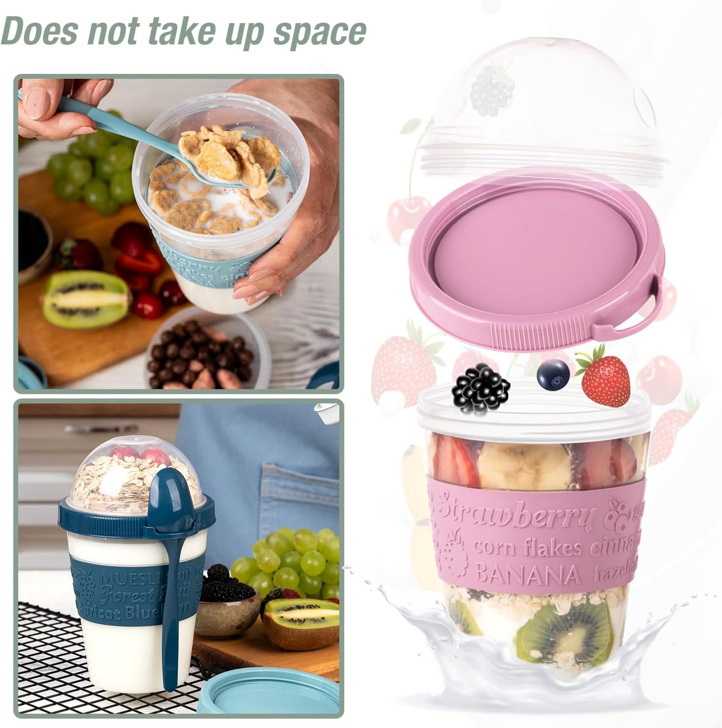 On the Go Cereal Yogurt Cups with Lids and Spoon, Overnight Oats Container, Reusable Parfait Plastic Milk Jar Breakfast Crunch Granola Oatmeal Smoothie Snack Prep Bowl to Take Along