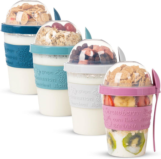 On the Go Cereal Yogurt Cups with Lids and Spoon, Overnight Oats Container, Reusable Parfait Plastic Milk Jar Breakfast Crunch Granola Oatmeal Smoothie Snack Prep Bowl to Take Along