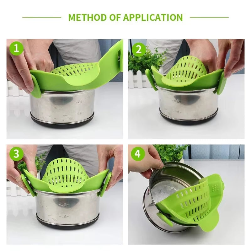 Universal Silicone Clip on Pan Pot Strainer anti Spill Pasta Pot Strainer Food Grade Fruit Colander for Pasta Fruit Vegetable