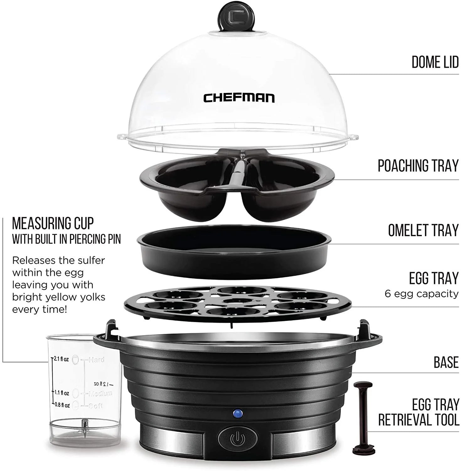 Rapid Egg Cooker, 6 Egg Capacity W/ Removable Poaching/Omelette Tray - Black, New