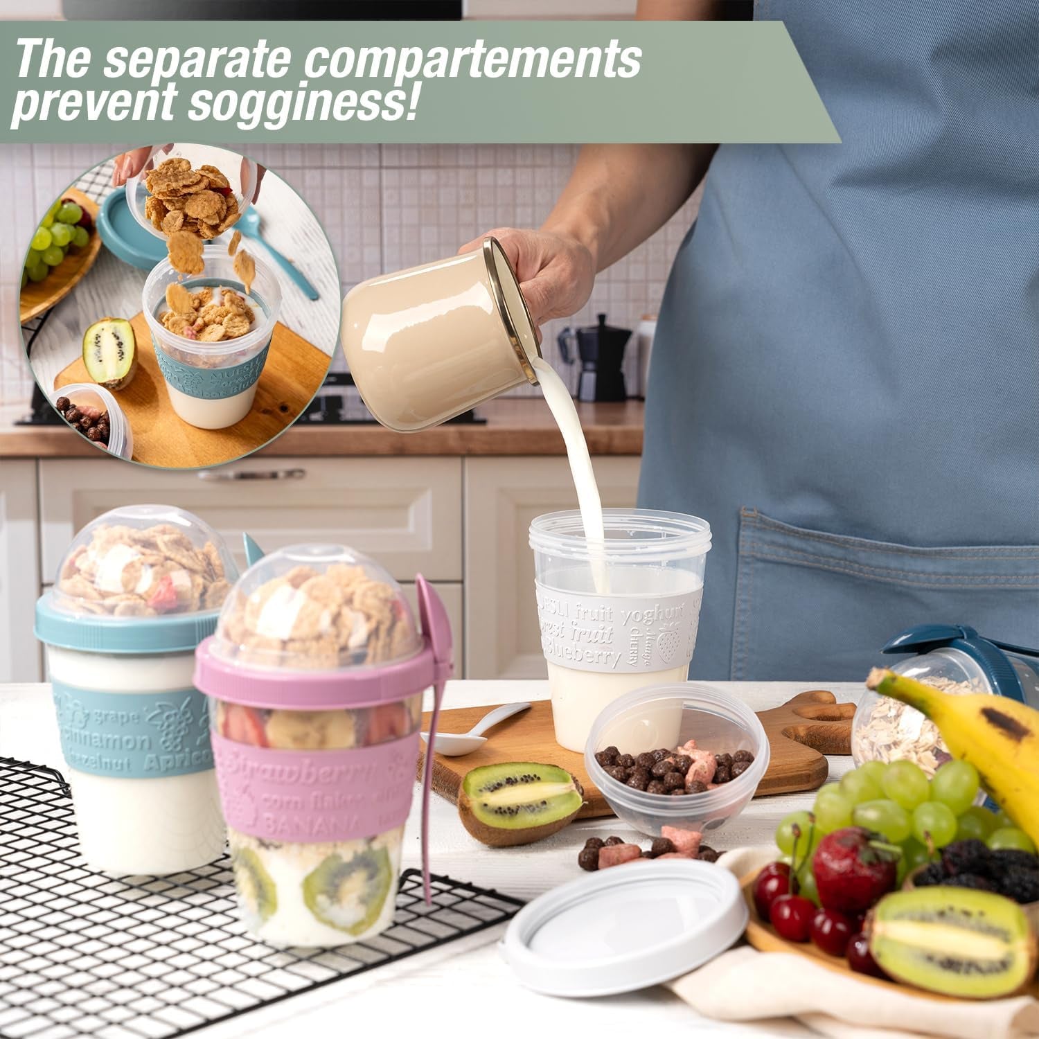 On the Go Cereal Yogurt Cups with Lids and Spoon, Overnight Oats Container, Reusable Parfait Plastic Milk Jar Breakfast Crunch Granola Oatmeal Smoothie Snack Prep Bowl to Take Along