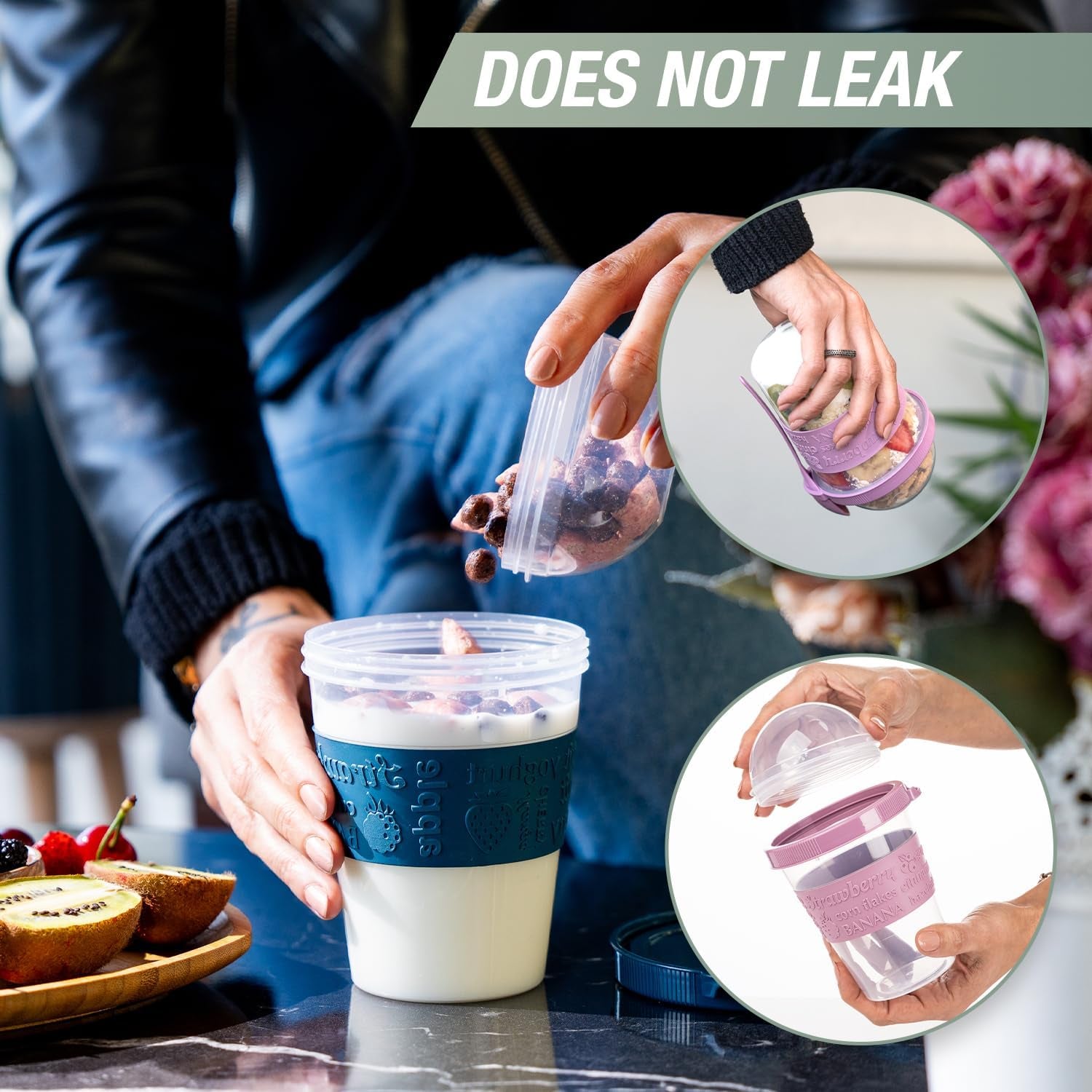 On the Go Cereal Yogurt Cups with Lids and Spoon, Overnight Oats Container, Reusable Parfait Plastic Milk Jar Breakfast Crunch Granola Oatmeal Smoothie Snack Prep Bowl to Take Along